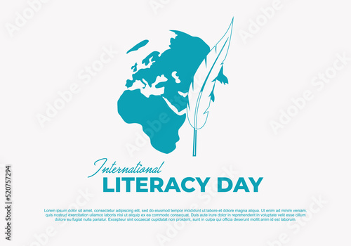 International literacy day banner poster with world map and feather on white color background.
