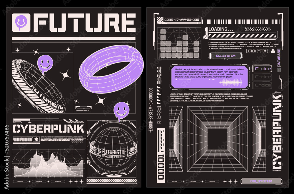 Collection of modern abstract posters. In acid style rave, mesh, text design, planet earth. Retro futuristic design elements, perspective grid, tunnel,circle. Illustration isolated on black background - obrazy, fototapety, plakaty 