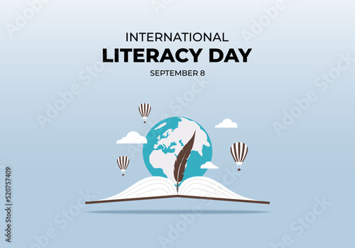 International literacy day banner poster with feather, opened book, balloon and earth world on blue color background.