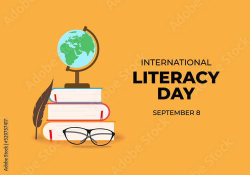 International literacy day banner poster with feather, globe, earth, glasses and books on orange color background.
