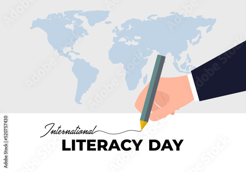 International literacy day banner poster with world map and hand writing on white grey color background.