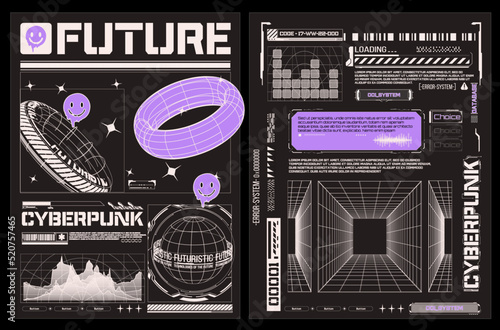 Collection of modern abstract posters. In acid style rave, mesh, text design, planet earth. Retro futuristic design elements, perspective grid, tunnel,circle. Illustration isolated on black background photo
