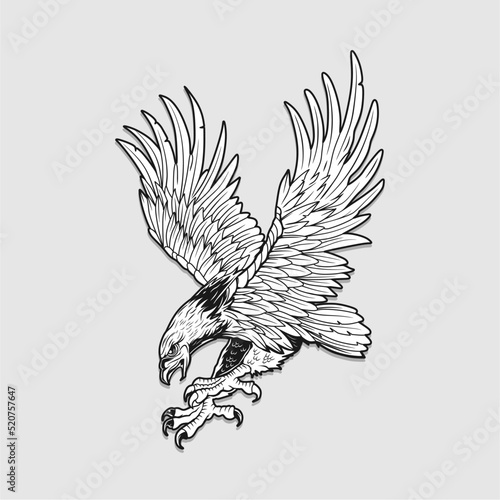 Bald eagle flying swoop line art draw black color on grey background illustration. for t shirt, mug, tote bag, hoodie