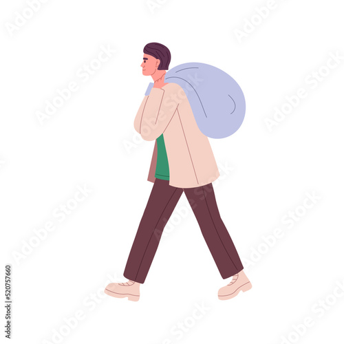 Man carrying bag over shoulder. Delivery person going, moving with heavy belongings in hands. Male character profile walking, holding essentials. Flat vector illustration isolated on white background