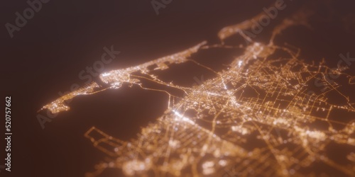 Street lights map of Atlantic City (New Jersey, USA) with tilt-shift effect, view from north. Imitation of macro shot with blurred background. 3d render, selective focus