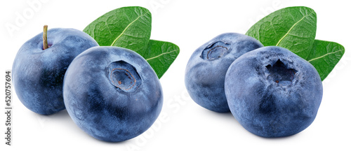 Set of two blueberry berry with green leaves isolated on white background with clipping path
