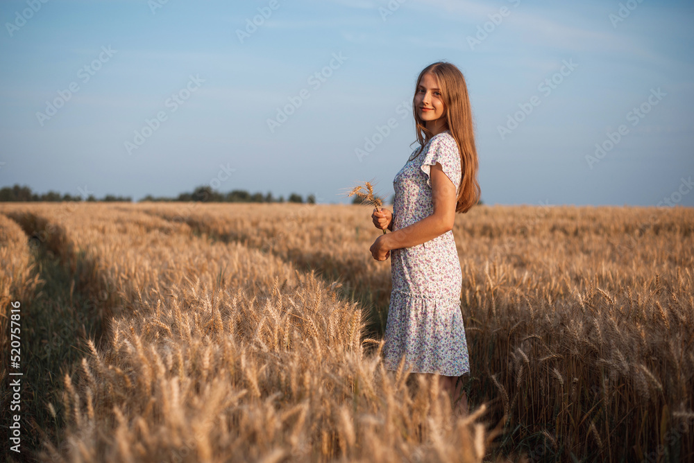 Side photo of a beautiful girl with blond hair holding spikelets of ripe rye looking to the camera. Portrait of a young girl walking in agricultural field on tractor traces