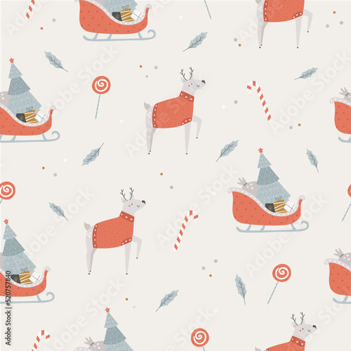 Christmas seamless pattern with funny deers in sweaters, holiday sledges and fir trees