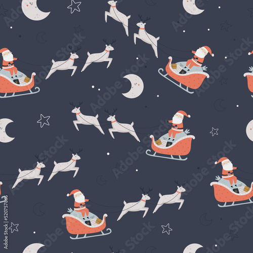 Christmas seamless patterns with Santa Claus, deer and sleigh with presents