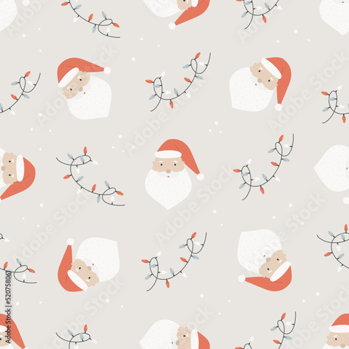 Christmas seamless pattern with cute santas and holiday garlands