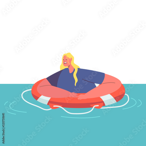 Shocked Exhausted Woman Swim on Lifebuoy Trying to Survive in Ocean after Shipwreck. Female Character in Sinking Sea