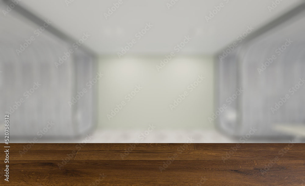 Fototapeta premium Open space office interior with like conference room. Mockup. 3D. Background with empty wooden table. Flooring.