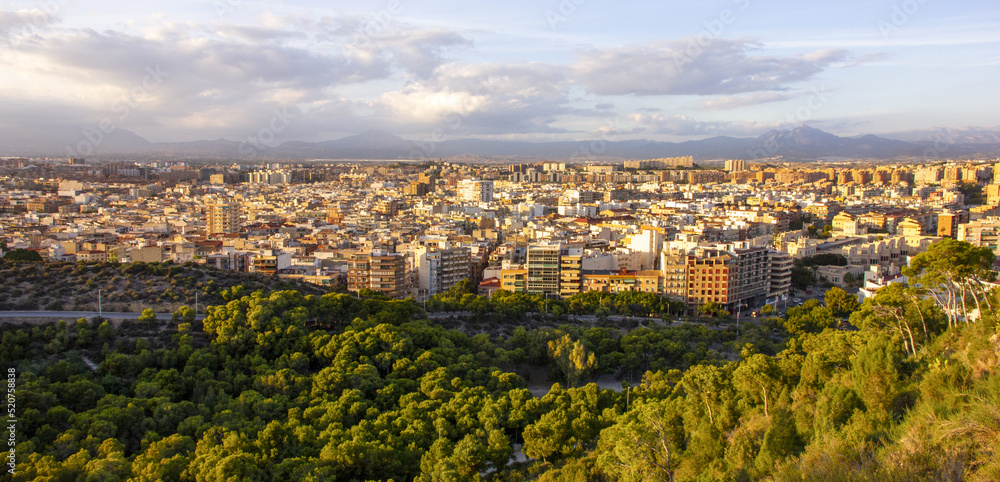 Panoramic view of Alicante. Buildings at sunset. Skyline of buildings of a Spanish city