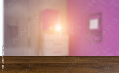 Clean and fresh bathroom with natural light. 3D rendering.. Suns. Background with empty wooden table. Flooring.