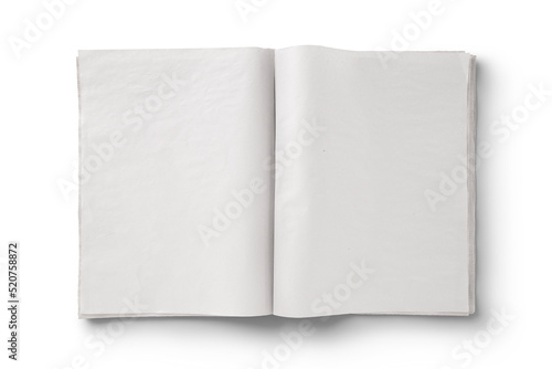 Realistic illustration mockup of blank layout of open newspaper, magazine on the white background. 3d rendering. photo