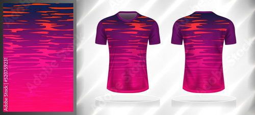 Vector sport pattern design template for V-neck T-shirt front and back with short sleeve view mockup. Purple-pink-orange-blue color gradient abstract texture background illustration.