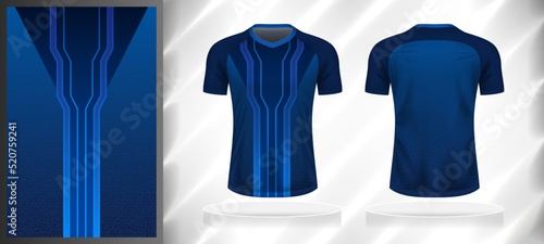 Vector sport pattern design template for V-neck T-shirt front and back view mockup. Dark and light shades of blue color gradient abstract line texture background illustration.
