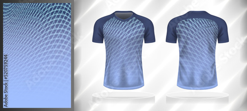 Vector sport pattern design template for V-neck T-shirt front and back with short sleeve view mockup. Shades of blue-gray color gradient abstract texture background illustration.