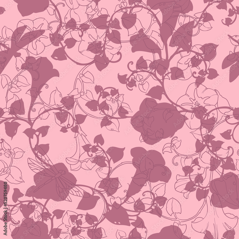 Seamless pattern curly bindweed flowers. Floral vector color illustration.
