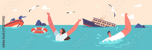Sea Accident, Shipwreck Catastrophe Concept. Shocked People Waving Hand to Take Attraction on Rescuers