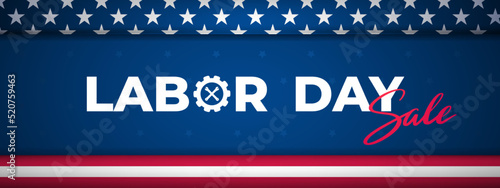 Labor Day Sale horizontal banner on blue background. USA national federal holiday header design. Stock vector illustration.