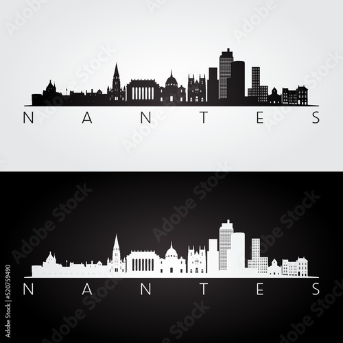 Nantes skyline and landmarks silhouette, black and white design, vector illustration.