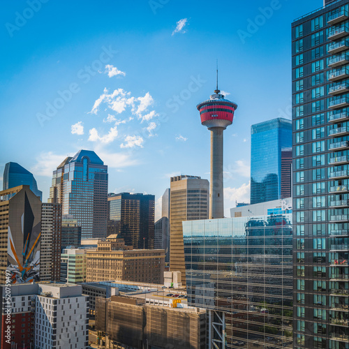 Calgary city downtown skyline aerial view in Alberta, Canada, with the view of the Calgary Tower, a 190.8-meter free-standing observation tower