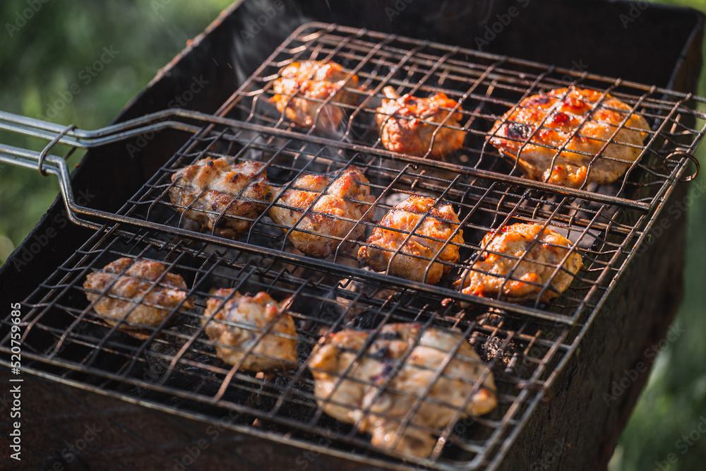 Pieces of fried meat on a grill grate - golden brown