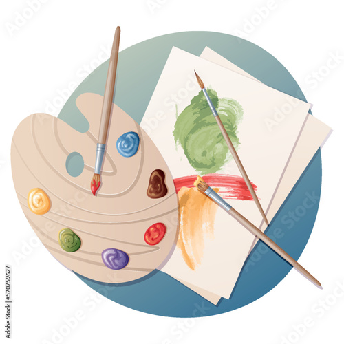 Artistic palette with paints and brushes. Strokes on paper. School, art illustration, fine art