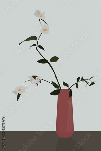 Vector flat image of a vase on a wooden table. Tall vase with a green plant. Beautiful interior. Design for templates, posters, backgrounds, textiles, banners.