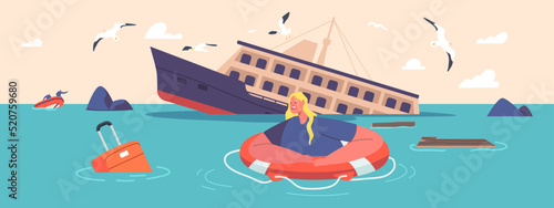 Shocked Woman Swim on Lifebuoy Trying to Survive in Ocean after Shipwreck. Female Character in Sea Sinking Ship