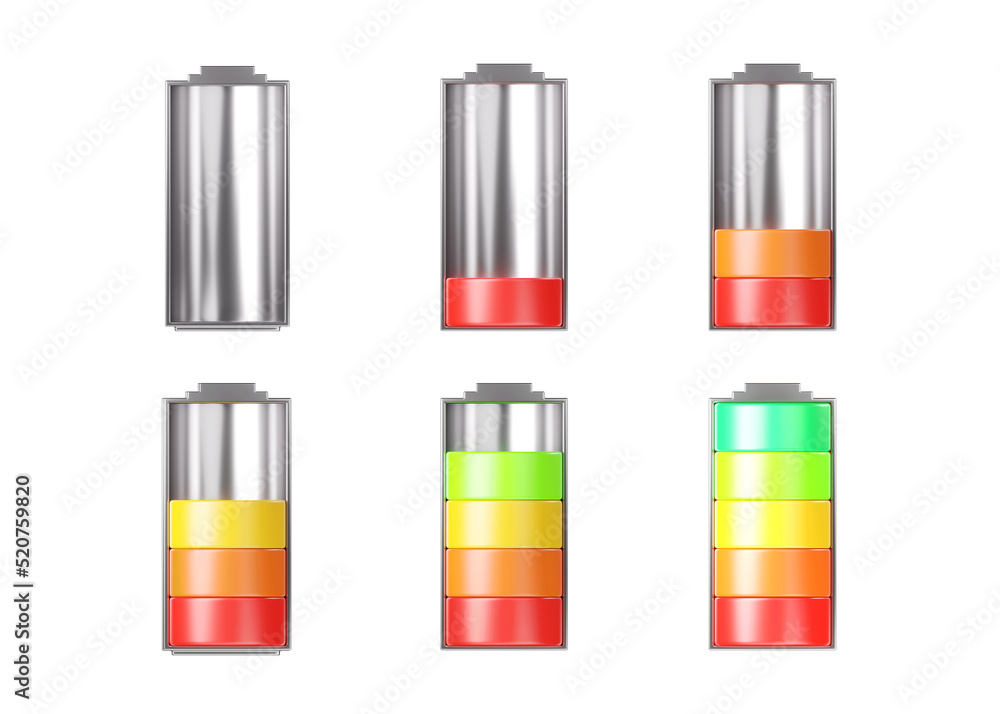 Battery 3d icon - level empty, low and empty capacity, energy storage. Power charge high, lithium accumulator set Battery 3d icon - level empty, low and empty capacity, energy storage. Power charge high, lithium accumulator set
