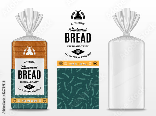 Vector bread packaging design template. Transparent plastic bag packaging mockup