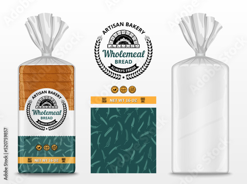 Vector bread packaging design template, branding and identity design elements. Transparent plastic bag packaging mockup