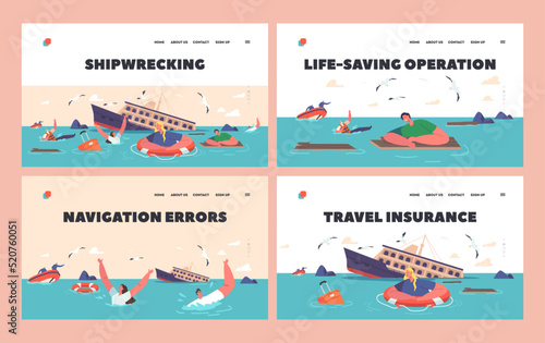 Shipwreck Landing Page Template Set . People Trying to Survive in Ocean with Sinking Ship and Floating Debris on Water