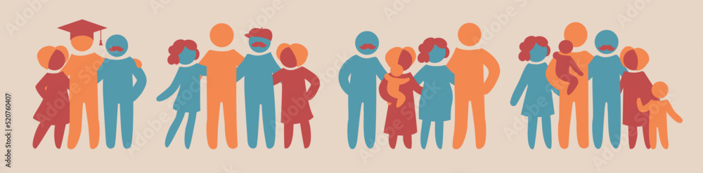 Happy family icon multicolored in simple figures set. Part 3. Dad, mom and ltheir adult baby stand together. Parents becole grandparents. Family and children. Happy family icon multicolored in simple figures set. Part 3. Dad, mom and ltheir adult baby stand together. Parents becole grandparents. Family and children.