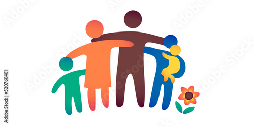 Family silhouettes. Happy family icon multicolored in simple figures. ?hildren, dad and mom stand together. Parents and twins children. Vector can be used as logotype.