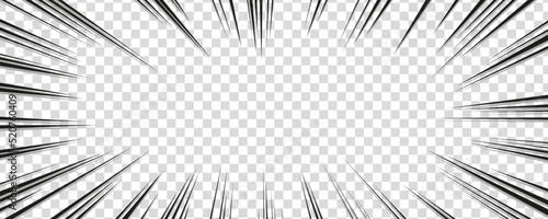 Manga comic effect on transparent background. Motion radial lines for comic book. Vector illustration of manga speed frame or exploding splash