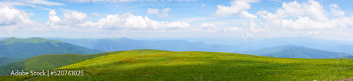 panorama of carpathian alpine meadows. watershed ridge in the distance. fluffy clouds on the blue sky at high noon in summer. countryside landscape in dappled light. travel freedom concept