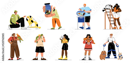 Set of People and their pets. Young men and women with dog, snail, raccoon, cat, rabbit and parrot. Owners love and care for their animals. Cartoon flat vector collection isolated on white background