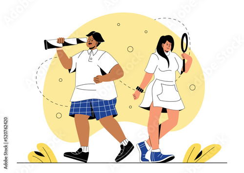 Searching for something. Research and curiosity, finding new solutions. Choosing right path of development. Completion of task. Girl and guy look into optical devices. Cartoon flat vector illustration