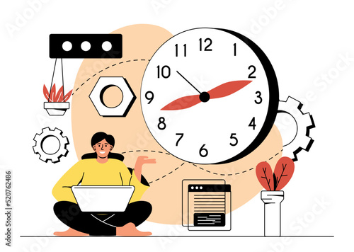 Concept of time management. Successful completion of tasks. Efficiency and productivity. Young executive girl sitting in lotus position and working on laptop. Cartoon flat vector illustration