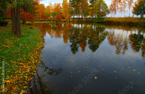 Autumn landscape with lake, green grass and colourful trees