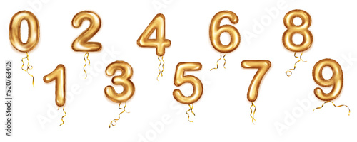 Set of foil golden balloons shape of numbers from 0 to 9 with ribbons