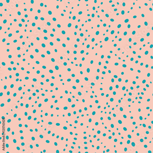 Abstract vector background with glitch polka dot distortion. Seamless noise texture pink blue backdrop. Irregular scattered dots repeat. Confetti circles all over print. Dotted background.