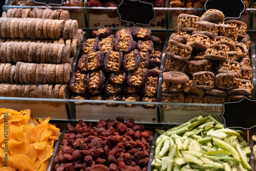 Obraz na plátně Close up of dried fruits and nuts in the market