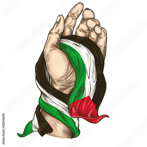 Vector illustration on the theme Palestine freedom day. Hands with national flags of Palestine. Freedom Palestine 