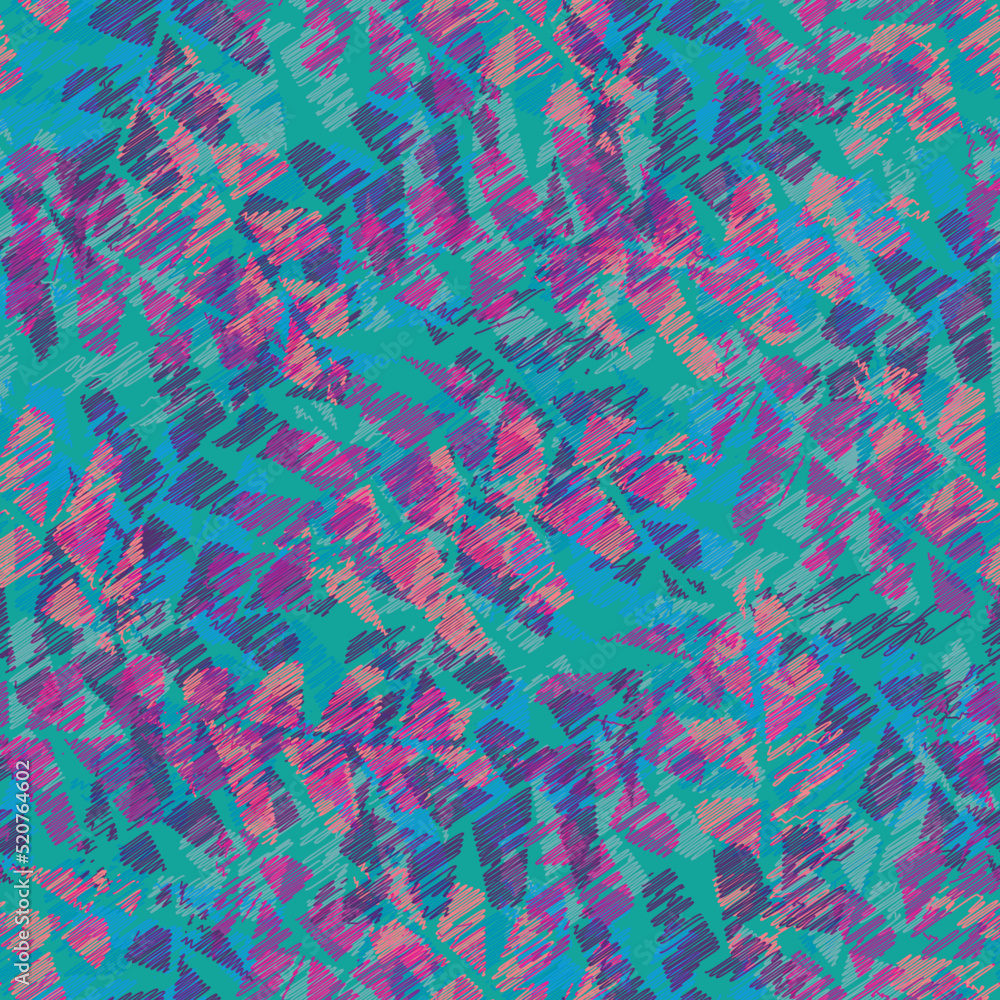 Abstract painterly scribble style leaves tropical seamless vector pattern background. Faux batique effect with overlapping layered scribbled foliage in aqua blue purple. Hand drawn botanical repeat.