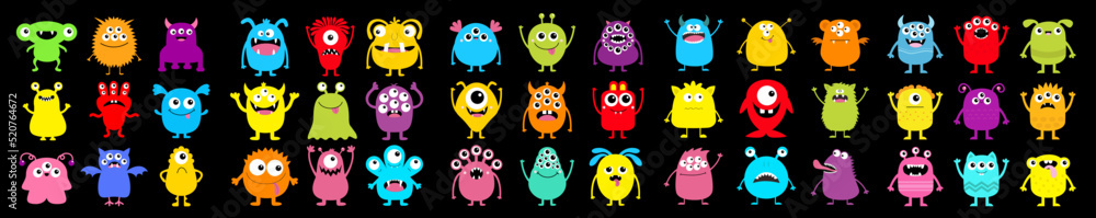 Obraz premium Monster super big icon set. Happy Halloween. Cute cartoon kawaii baby character. Funny head face colorful silhouette. Eyes teeth horn fang tongue. Hands up, down. Flat design. Black background.