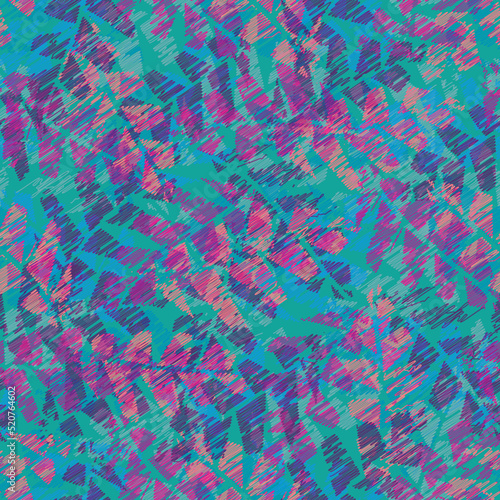 Abstract painterly scribble style leaves tropical seamless vector pattern background. Faux batique effect with overlapping layered scribbled foliage in aqua blue purple. Hand drawn botanical repeat. photo